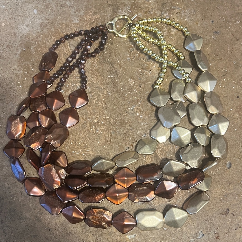 Two-Tone Copper Brown and Gold Multi-Strand Beaded Statement Necklace